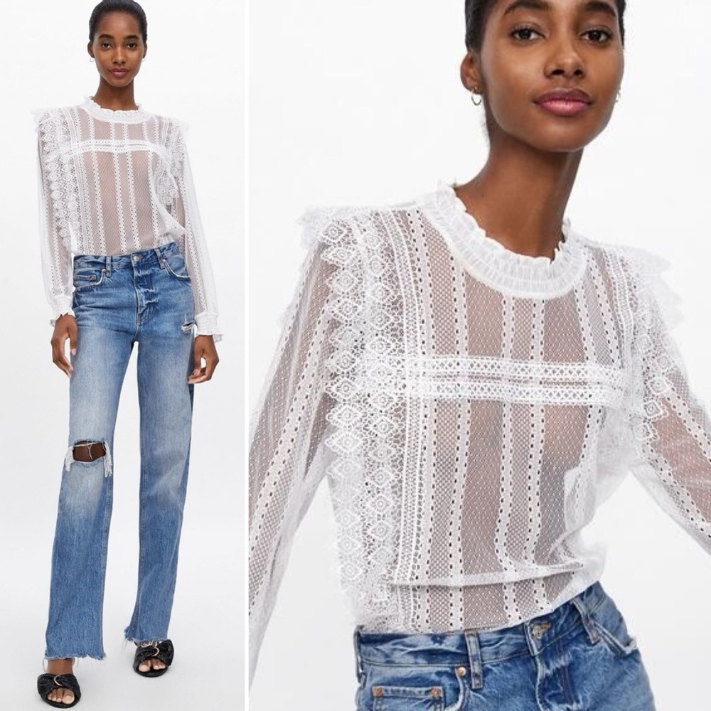 NWOT Zara White Lace Sheer Blouse Top Size S